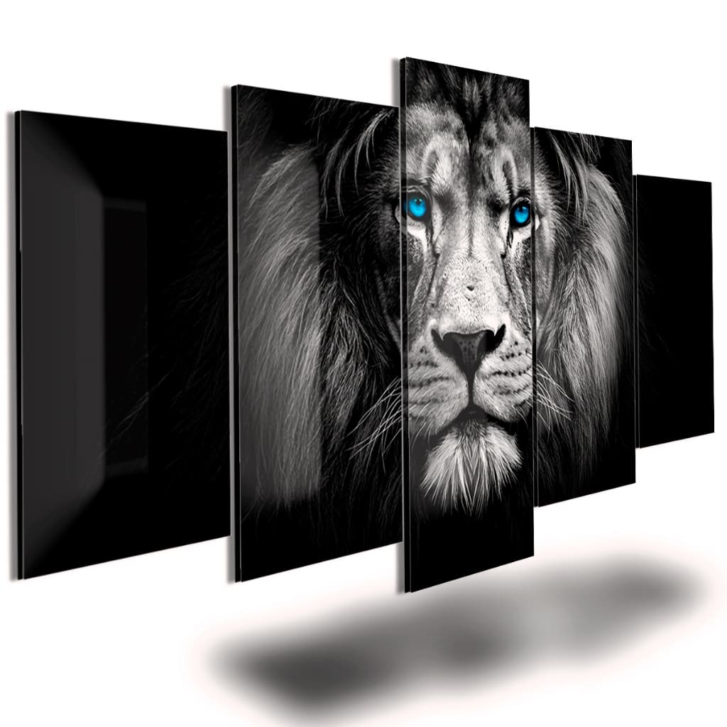Quadro Decorativo Mosaico 5 peças Leão de Juda Olho Azul Sala Quarto Preto E Branco