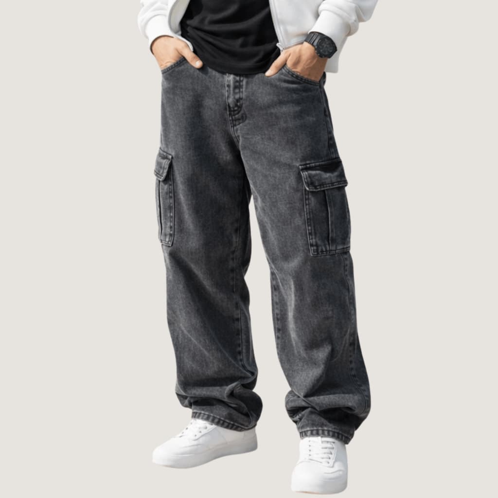 Calça Jeans Masculina Cargo Bag Street Grafite 100% Algodão Elástico na Cintura Larga Conforto Urbano Moda Streetwear