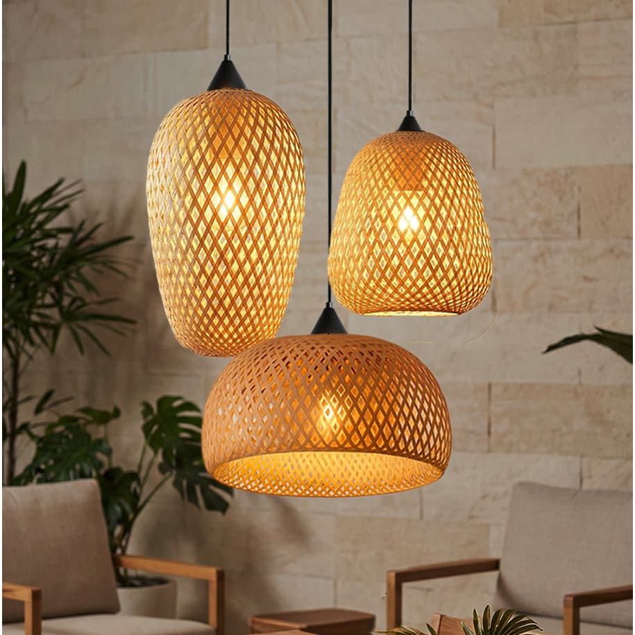 Lustres Pendentes Rústicos Madeira Kit 3 Bambu Trançado LED Bivolt