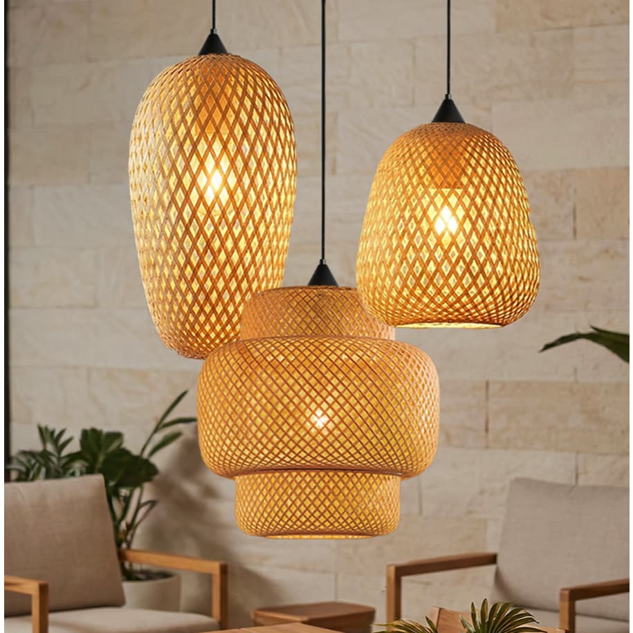 Kit 3 Luminárias Pendentes de Bambu Natural com Lâmpadas para Decoração de Casa Sala e Cozinha