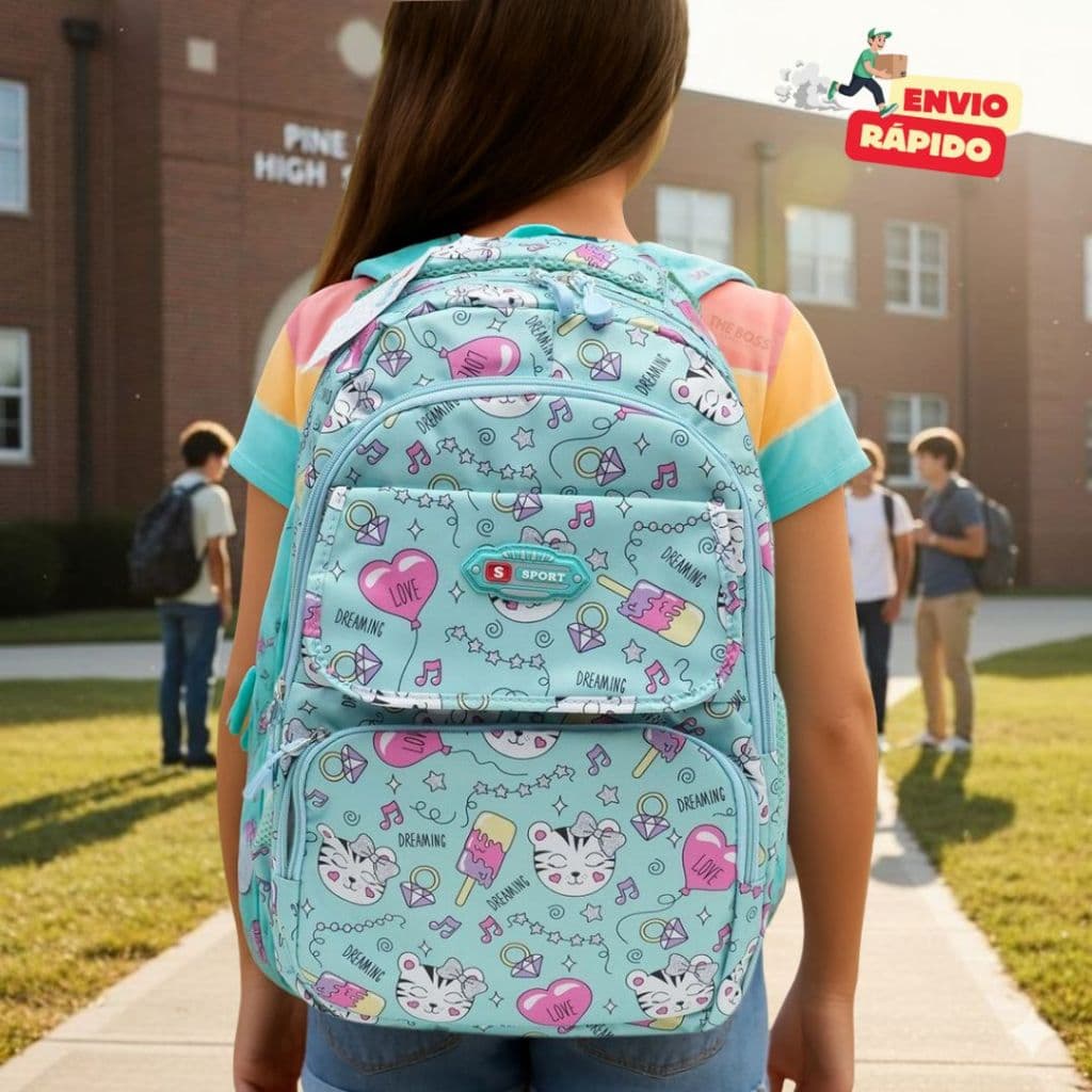 Mochila Grande Escolar Infantil Menina Com Estojo Estampada Reforçada com Bolso Garrafinha