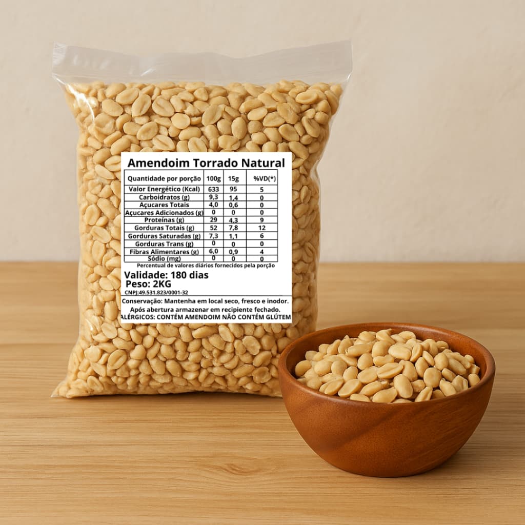 Pacote de 2kg Amendoim Torrado Sem Casca NATURAL (Sem Sal)