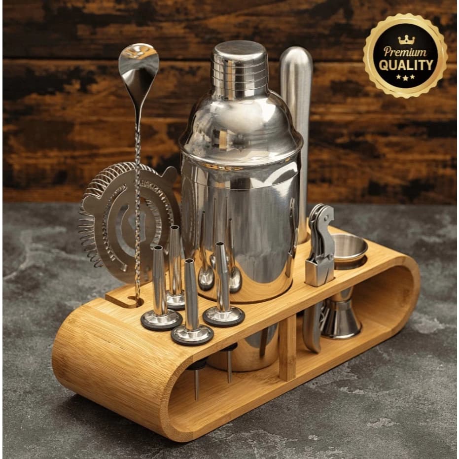 Coqueteleira Bartender Homebar Com 12 Peças Inox Bar Kit Barman Drinks Suporte Baumbu Profissional