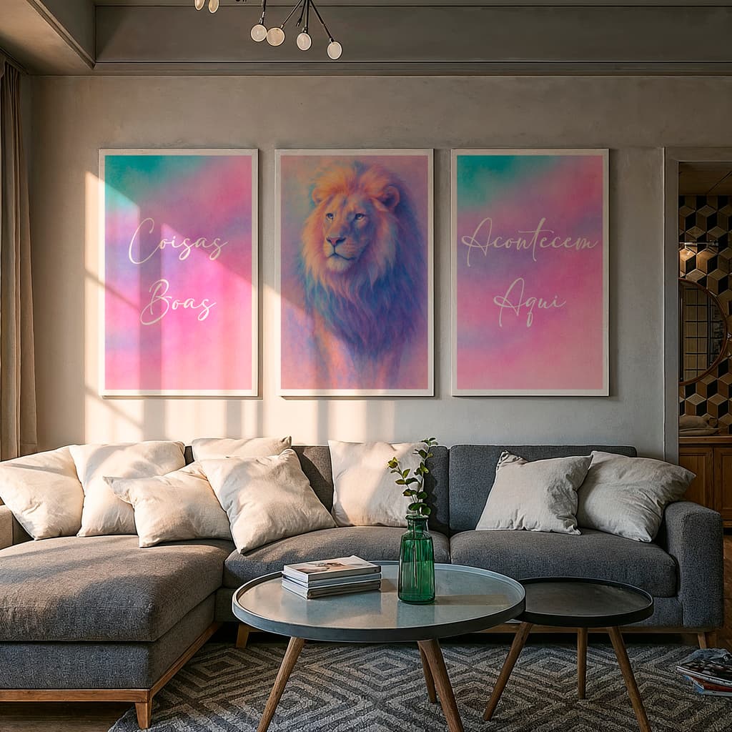 Kit 3 Peças Quadro Decorativos Leão Colorido Coisas boas Acontecem Aqui
