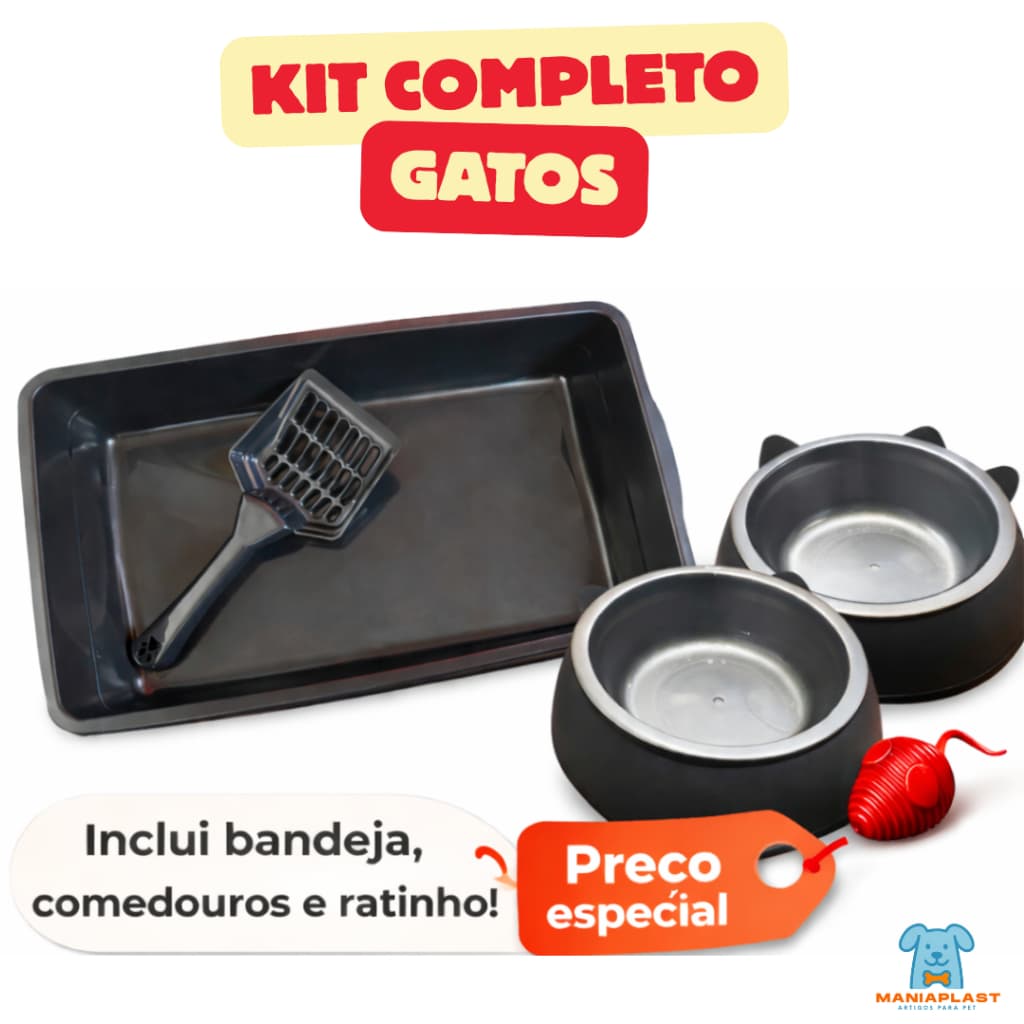 Caixa de Areia para Gatos Completa com Pá + 2 Comedouro Orelha de Gato Tigela Removível + Ratinho