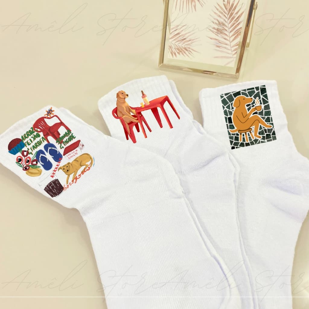 Meia Personalizada Cachorrinho Caramelo Brasil Kit 03un Cano Alto Meia Branca