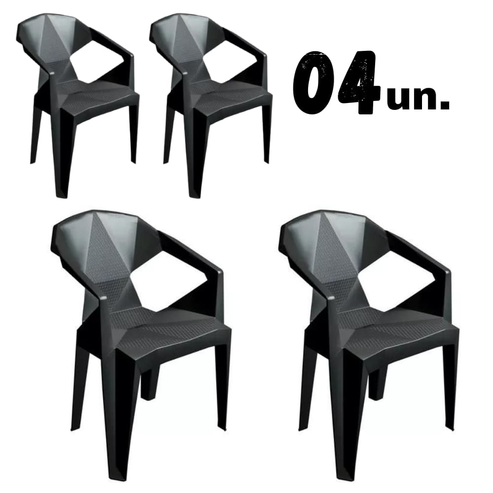 Kit 4 Cadeiras Plásticas Poltrona Diamante Preta Moderna Para Jardim Sala Cozinha