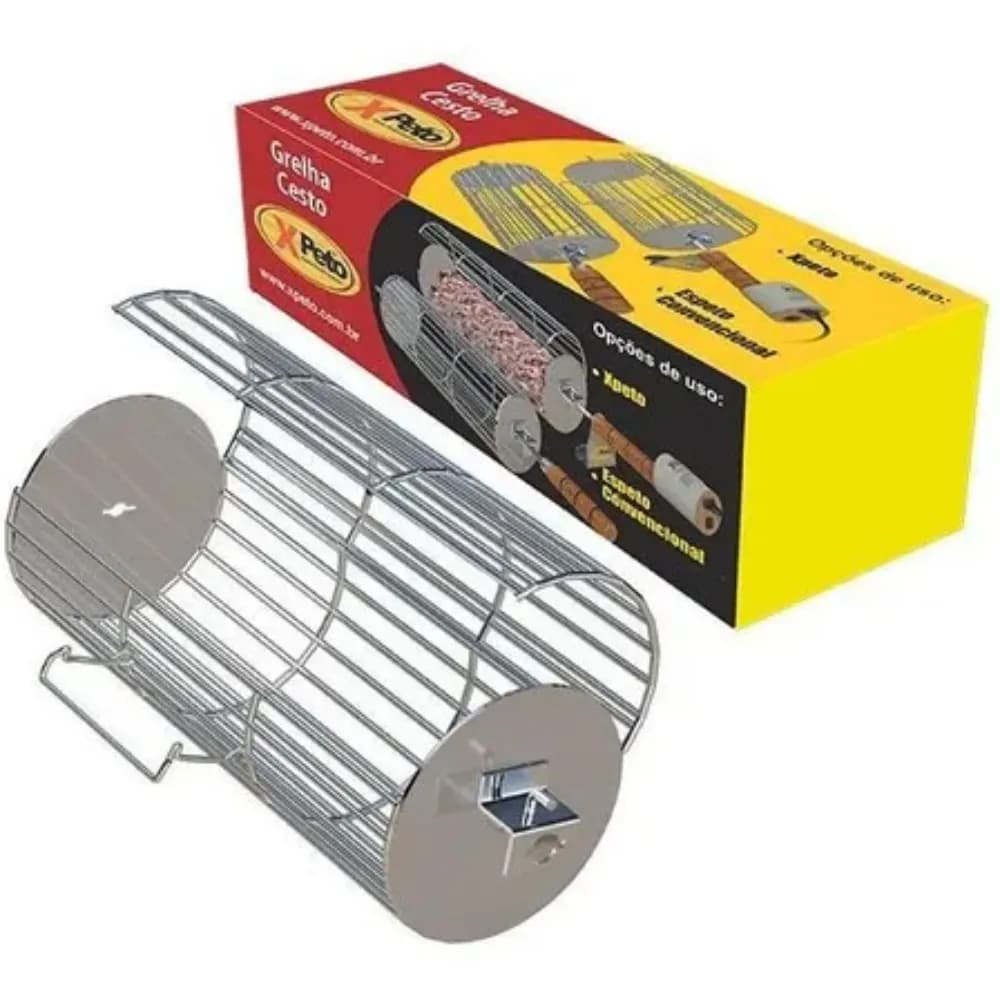 Grelha Cesto Inox Xpeto 27x10,5cm para Churrasqueira – Compatível com Espeto Convencional ou Giratório