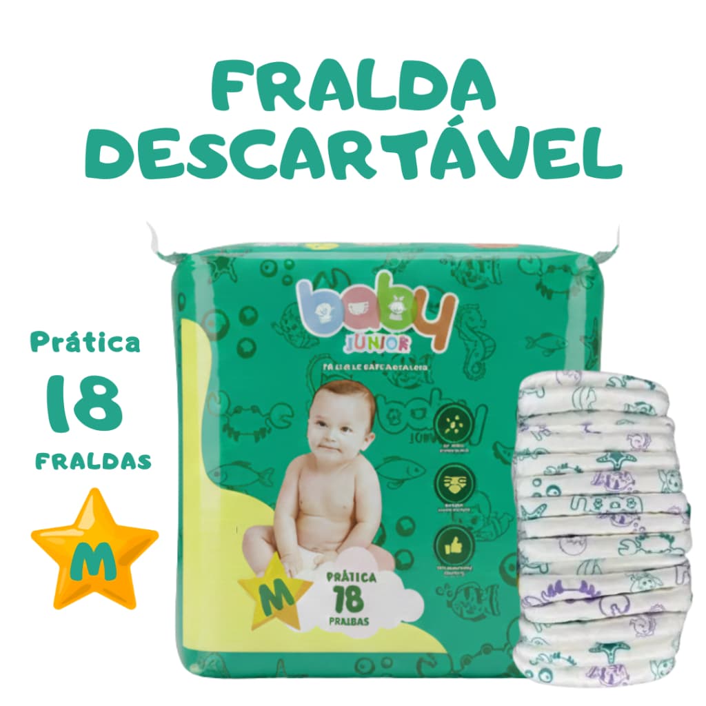 Fralda Baby Júnior Prática M - 18 Unidades - Proteção Dia e Noite Descartável Atacado