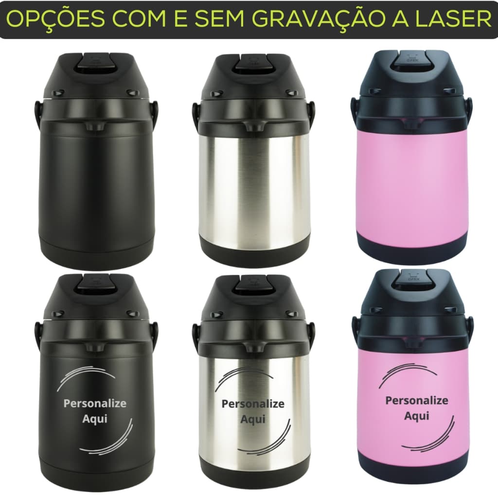 Garrafa Térmica Chacal Inox Preta Rosa 2,5 L Quente e Frio Com e Sem Personalização