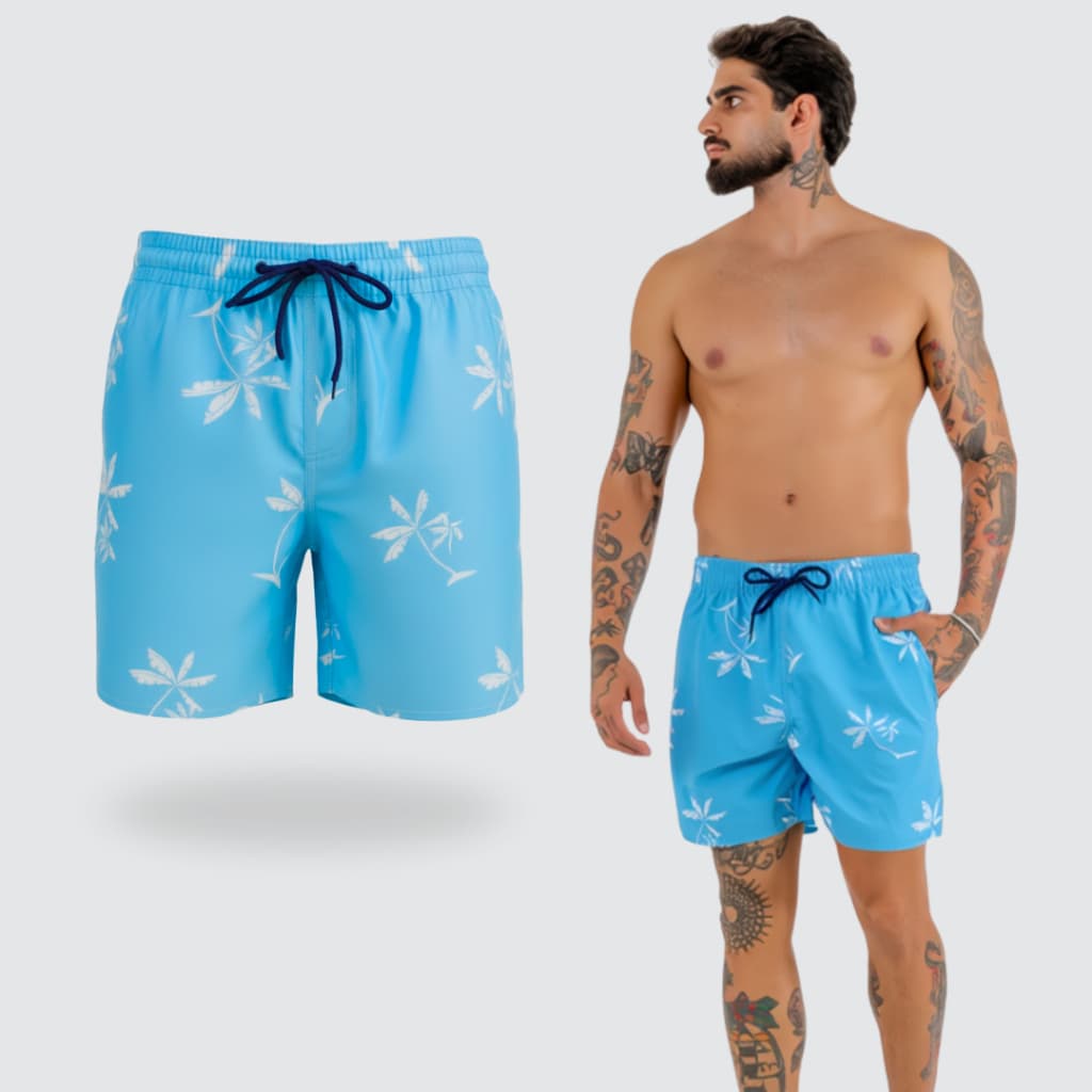 Bermuda Praia Masculina Estampada Verão Bolsos Laterais C/ Tela Anti-areia Estampa Azul Coqueiros