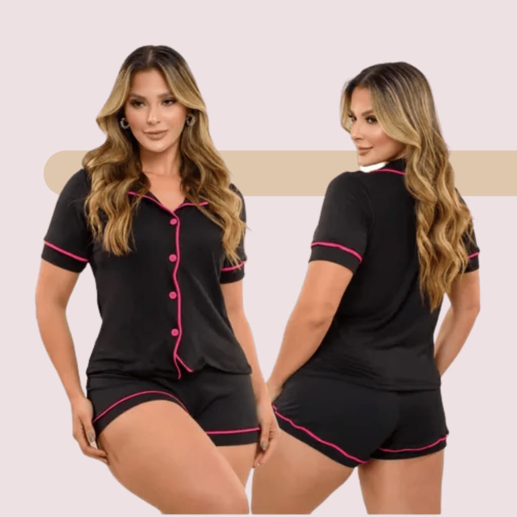 Pijama Americano Feminino Curto Botão Pós-Cirúrgico Amamentação Baby Doll de Verão de cor preto