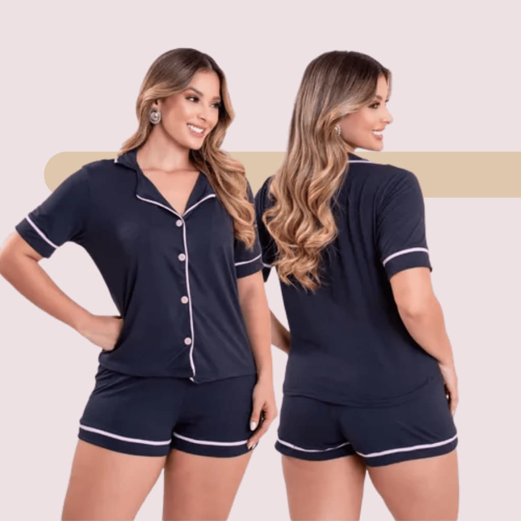 Pijama Americano Feminino Curto Botão Pós-Cirúrgico Amamentação Baby Doll de Verão de cor Azul