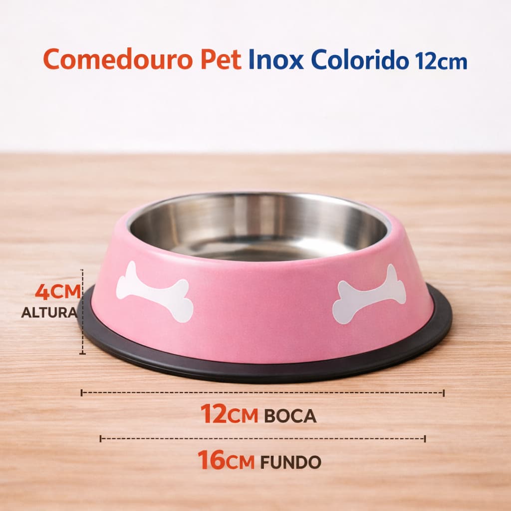 Comedouro Pet Inox Colorido 12cm Antiderrapante para Cães e Gatos Ração e Água Bebedouro Cachorro