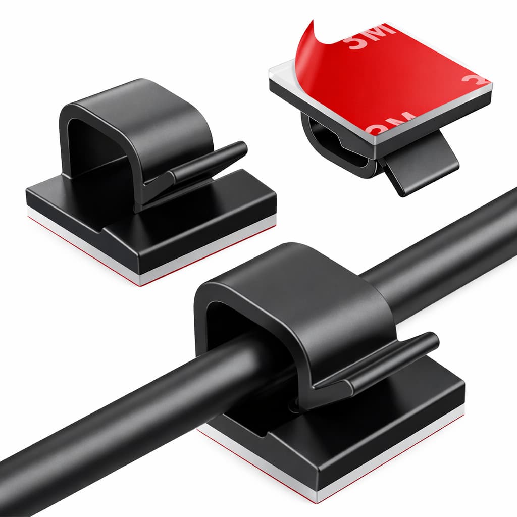 Organizador de Cabos e Fios Preto | Kit 10/25/50 Clipes Adesivos para USB, Carregadores e Fones