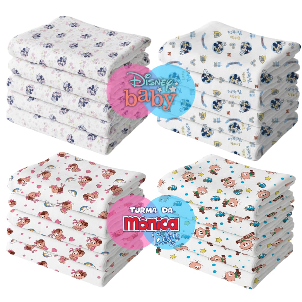 Pacote com 10 Fraldas de Pano de Personagem (5 Turma da Mônica + 5 Disney) Para Bebês e Recém-Nascidos 70 cm x 70 cm