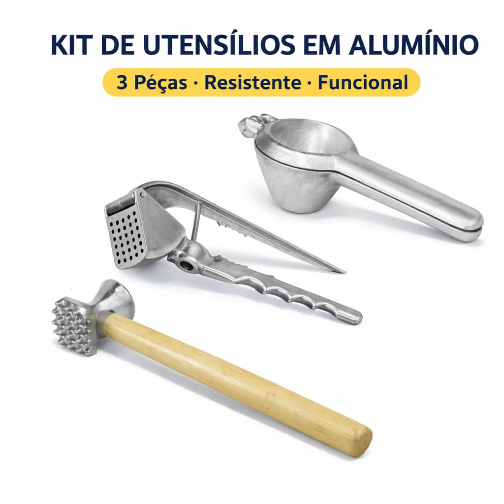 Kit Utensílios de Cozinha em Alumínio 3 Peças Espremedores e Martelo de Carne