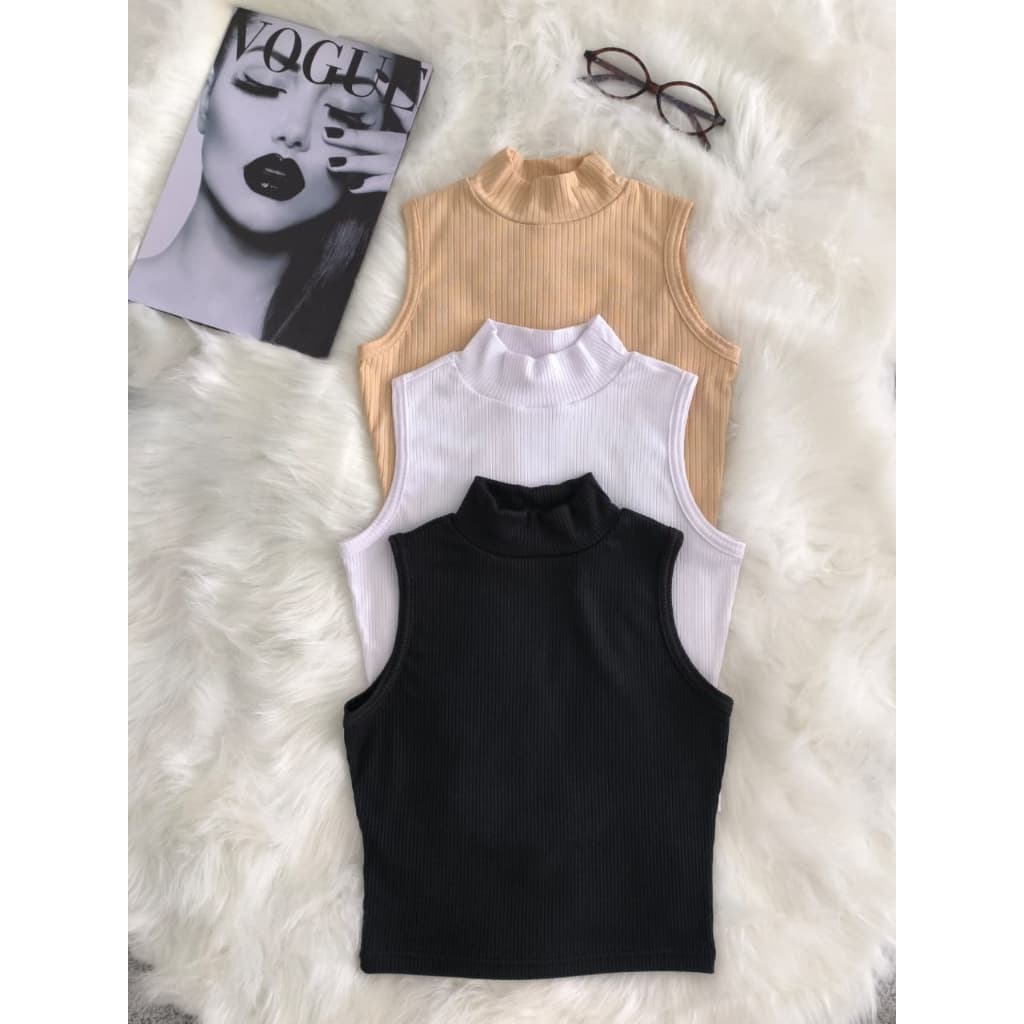 Kit 3 Cropped Top Gola Alta Blusinha Regata Canelado Sem Manga