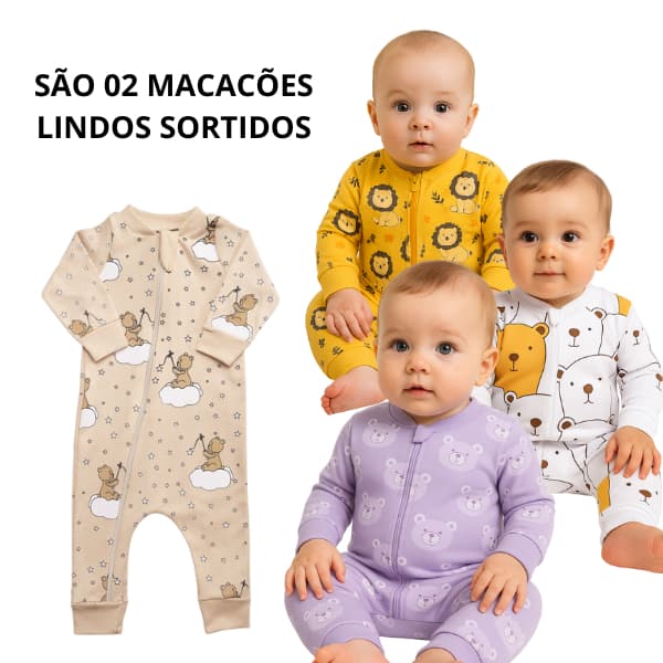 Kit 02 Macacões Natal + Estrelinha Bebê Unissex 100% Algodão C/ Ziper