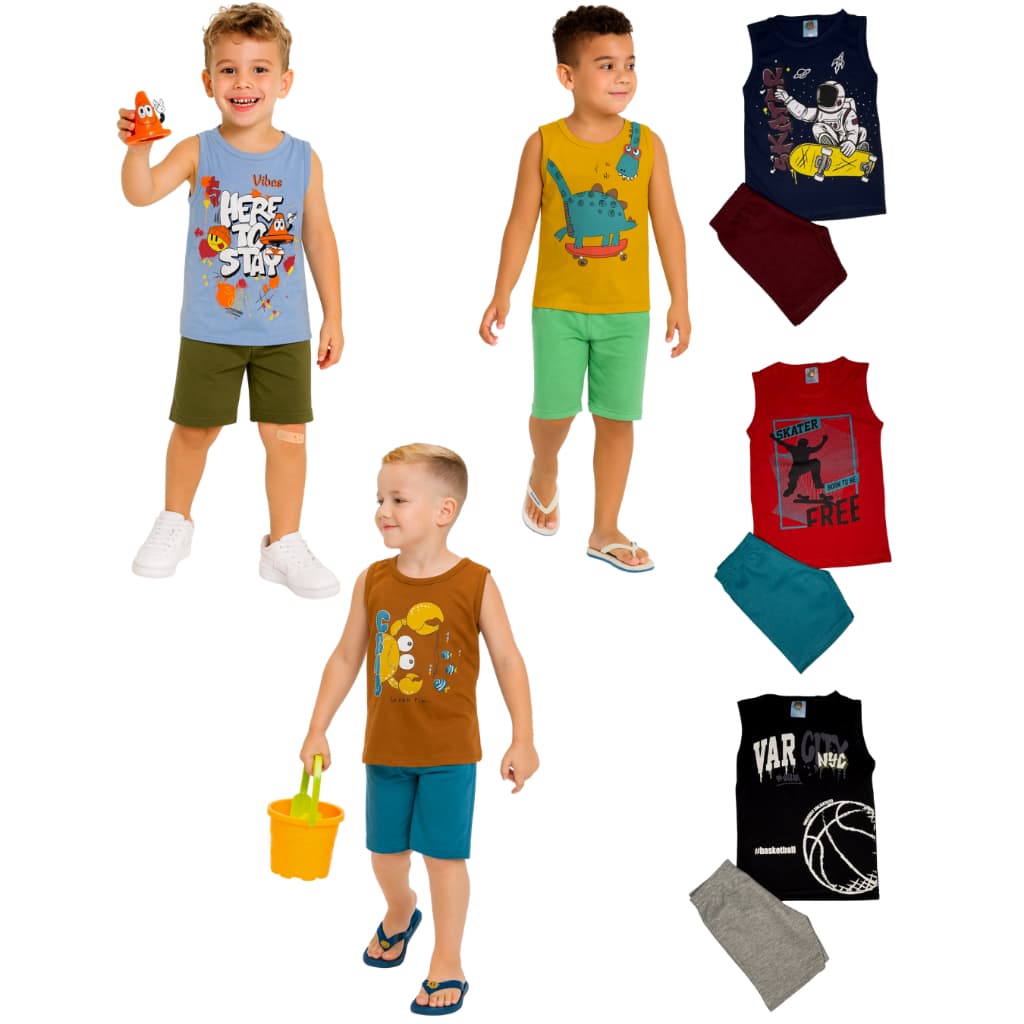 Kit 3 Conjuntos Regata Menino Verão 3 Regatas 3 Bermudas Sortido TAM 1 ao 8 Estilo e Conforto