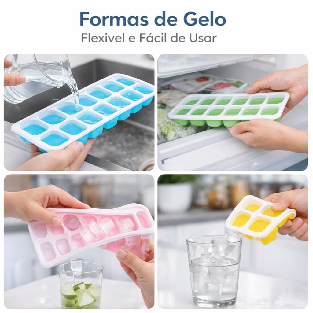 Kit com 2/4/6 Formas de Gelo Silicone em Cubos com Tampa