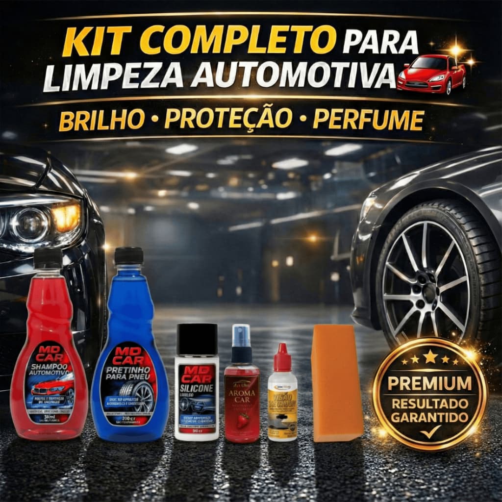 Kit Limpeza Carro Completo – Limpeza de Carro Shampoo, Pretinho, Silicone, Cristalizador ,Aroma