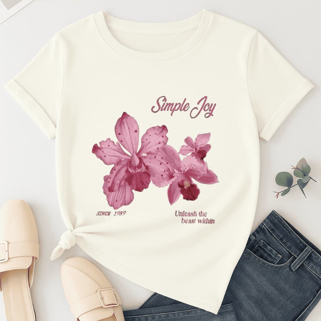 Camiseta Feminina Flor Frase Simple Joy T-shirt Malha Premium