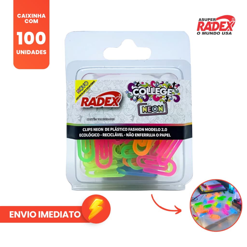 Clips Colorido Radex Neon N.2 com 100 unidades