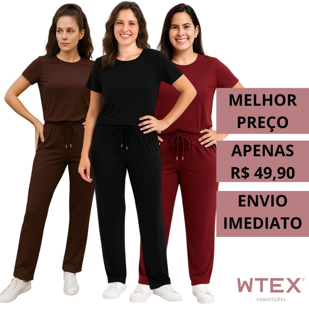 Kit Conjunto VISCOLYCRA Feminino Blusa Camiseta Manga Curta e Calça Pantalona Cintura Alta