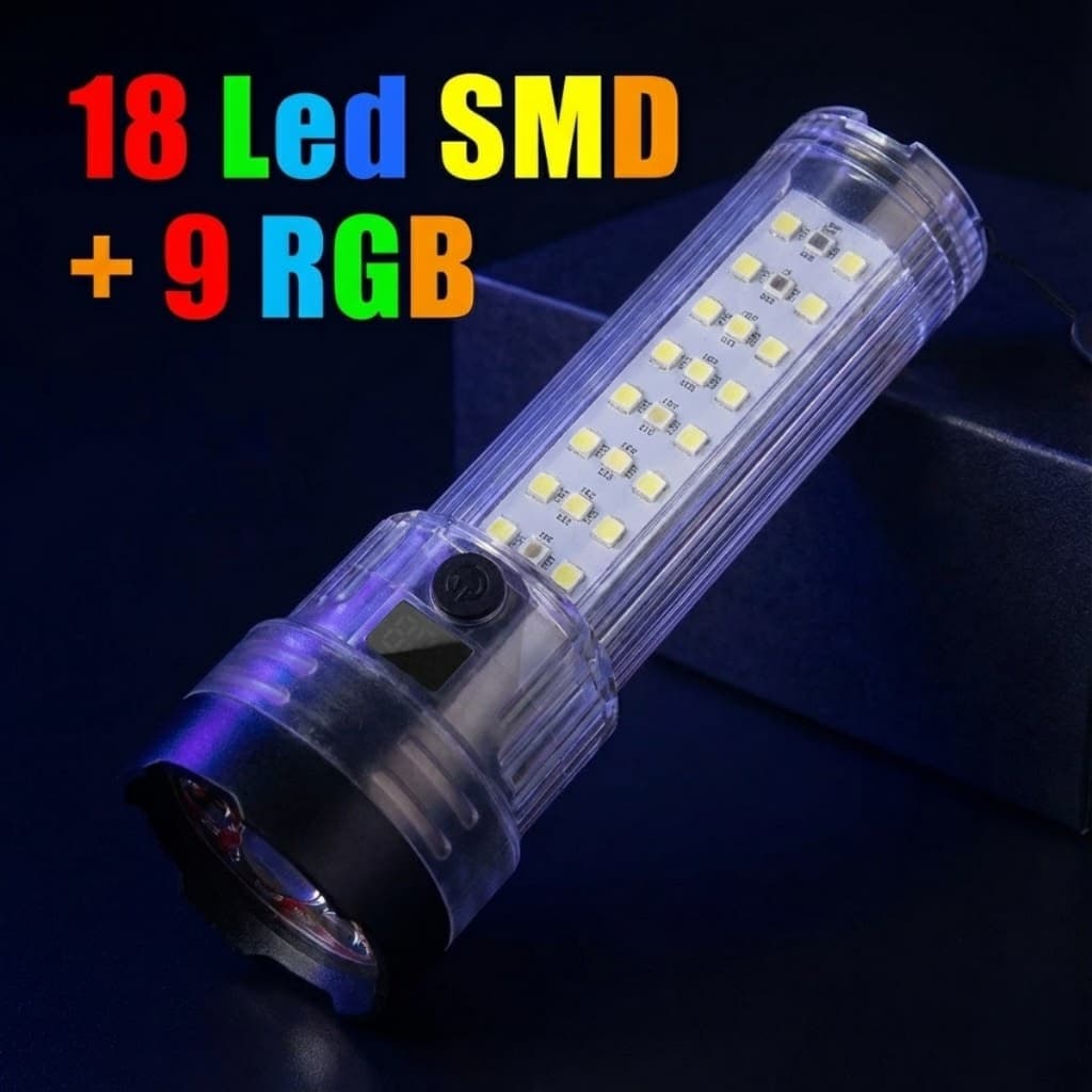 Lanterna Tática Led Potente Display Digital Transparente Base Magnética RGB Recarregável USB