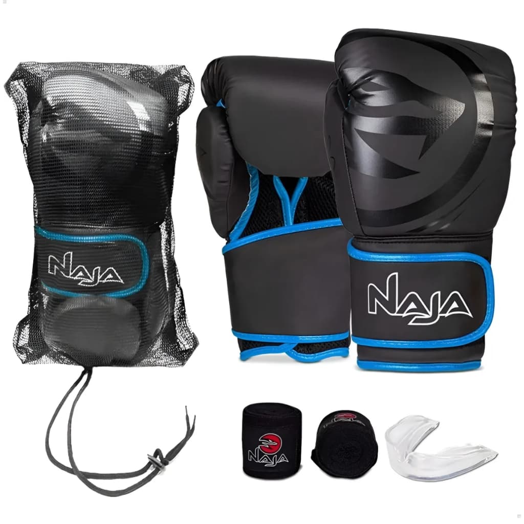 LUVA MUAY THAI BOXE KICKBOXING PRETO/AZUL + BANDAGEM + PROTETOR BUCAL + BOLSA - NAJA