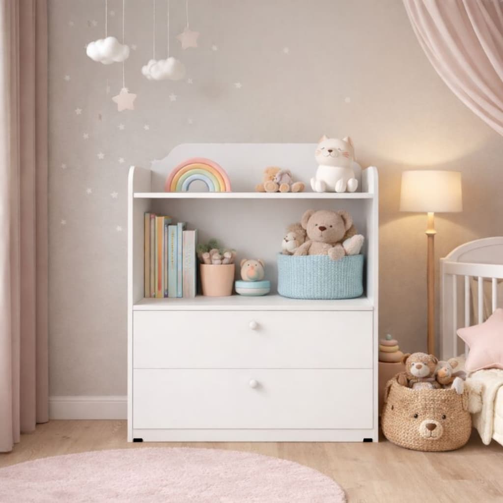 Cômoda Infantil Quarto Bebê Menino Menina C/ Nicho 2 Gavetas Criança Madeira Branca Decoração Berço