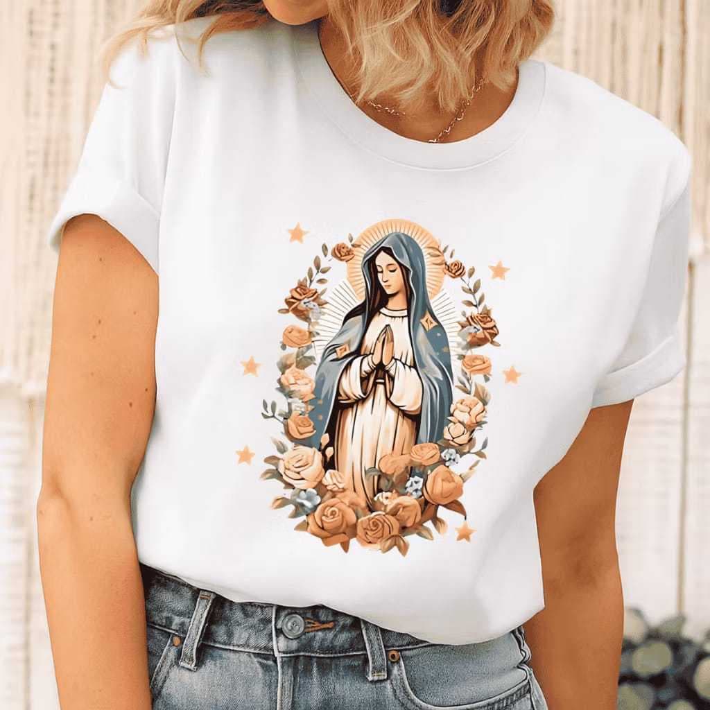 Camiseta Feminina Estampada Virgem Maria Blusa Country Camisa 100% Algodão T-Shirt Estilosa