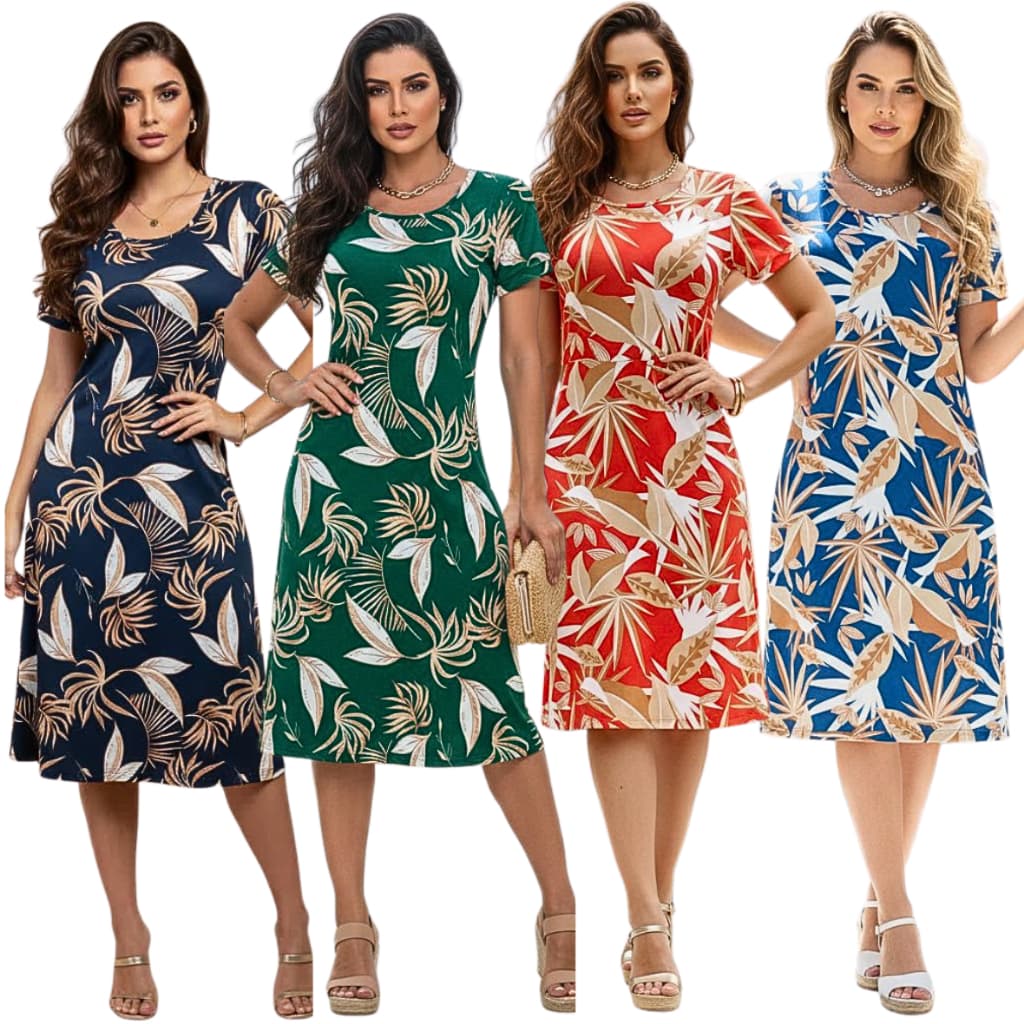 Vestido Midi Feminino Estampado Plus Size Confortável Casual Elegante Manga Curta Estampas Tropicais Tendencia