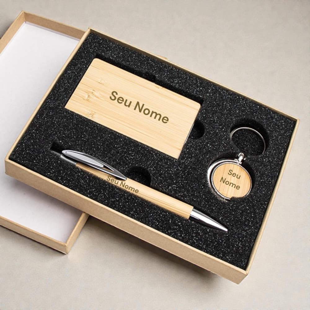 Kit Presente Personalizado com Nome Porta Cartão Chaveiro e Caneta Bambu Eco