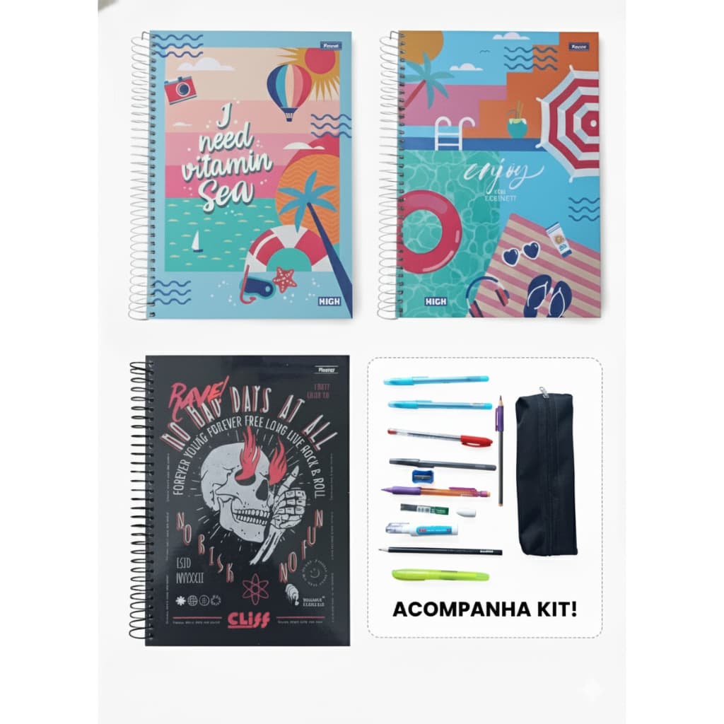 Kit Escolar Caderno 10 Materias + Lapiseira Estojo Universitário c 13 Acessórios