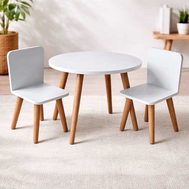 Mesa Infantil Tampo Redondo 50cm de Altura Cores Pés Palito Madeira Cadeirinhas Objetos MDF Promoção