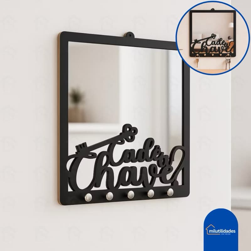 Porta Chaves Chaveiro com Espelho Decorativo de Parede MDF Preto 3MM Com Frases Famosas