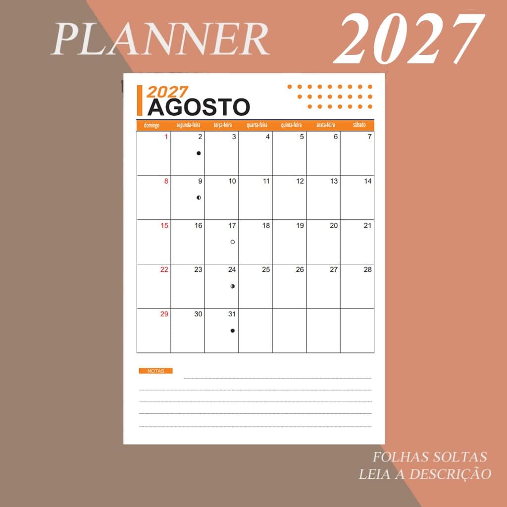 Planner Mensal 2027 Vertical - Agenda Calendário - 14 Folhas A4 - Organizador de cronograma