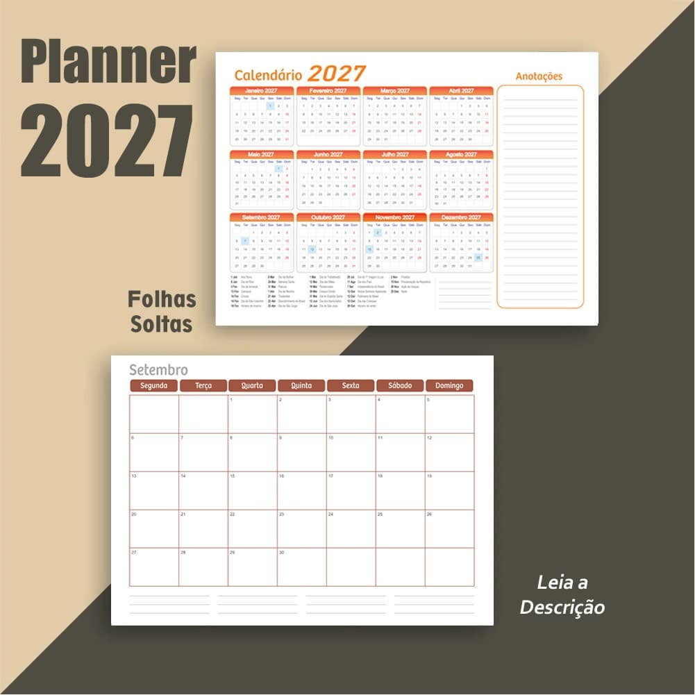 Planner 2027 Mensal - 14 Folhas A4 - Agenda Organizador de cronograma
