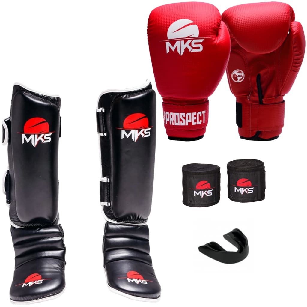 LUVA BOXE PROSPECT VERMELHA + CANELEIRA MUAY THAI CLASSIC + BANDAGEM + PROTETOR BUCAL - MKS