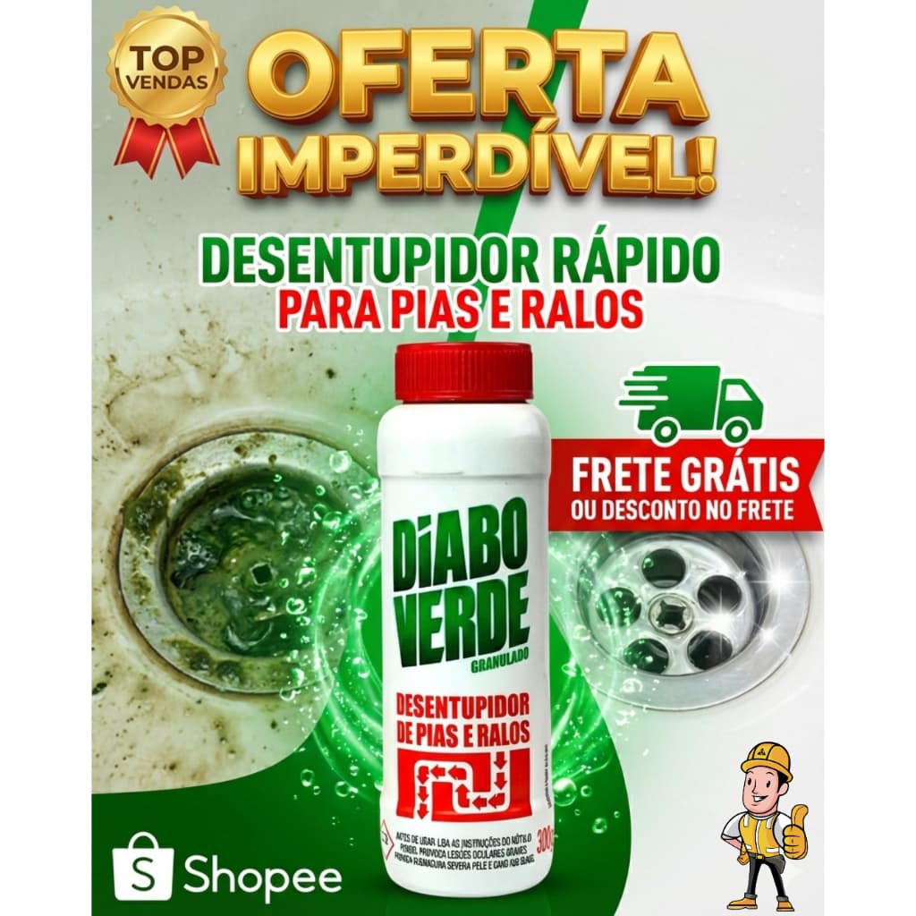 DIABO VERDE GRANULADO DESENTUPIDOR DE PIAS E RALOS RÁPIDO FÁCILE FORTE 300g ENVIO IMEDIATO