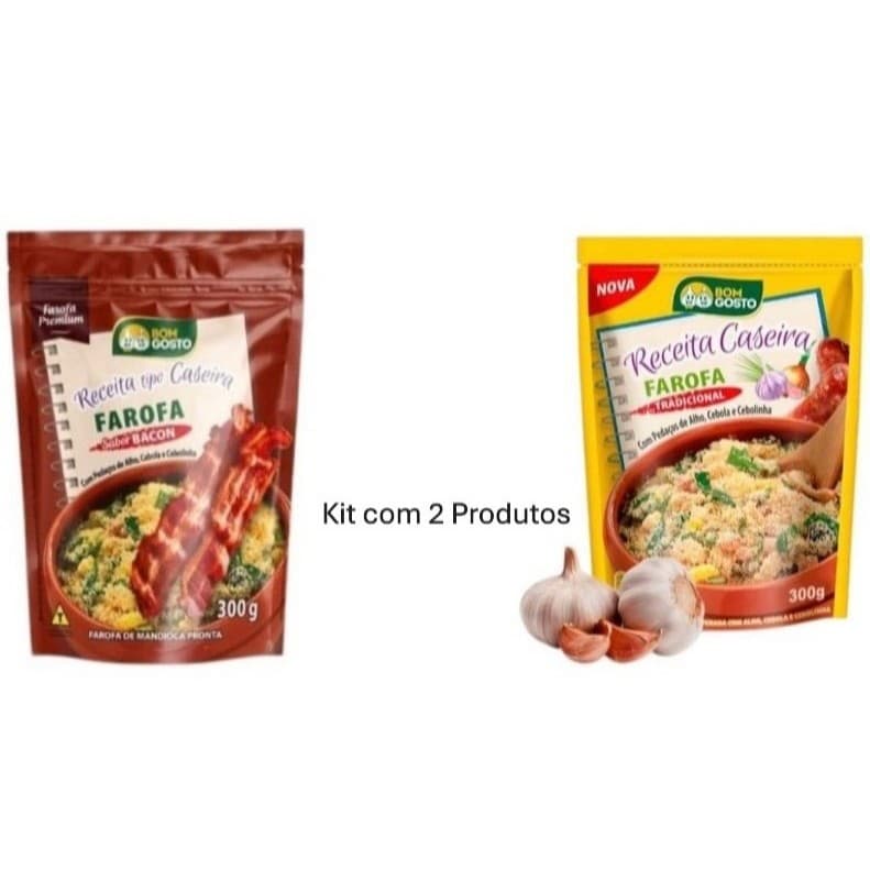 Kit 02 Pacotes de Farofa Premium Bom Gosto Sabores Tradicional e Bacon - 300 g cada