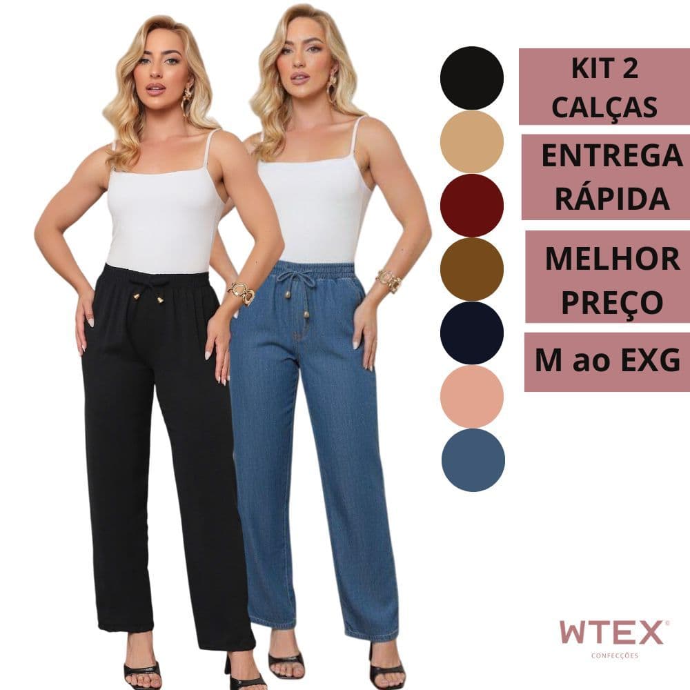 KIT 2 CALÇAS Pantalona Flare soltinha feminina cintura alta tecido duna