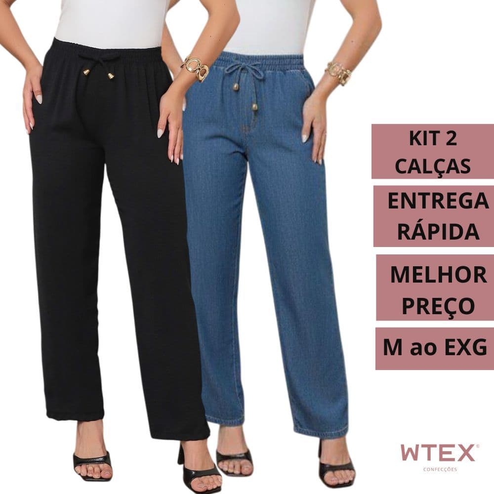 KIT 2 CALÇAS Pantalona Flare feminina soltinha cintura alta tecido duna