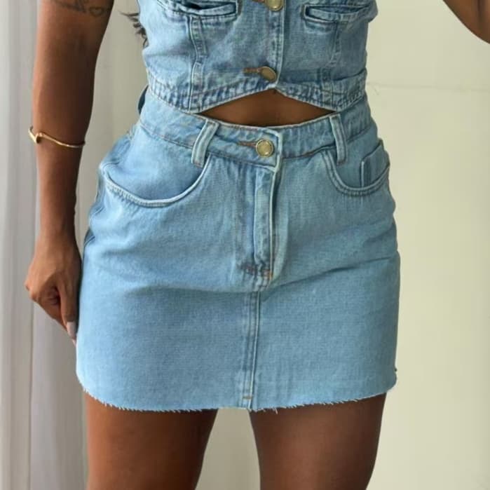 Saia Jeans Curta Feminina Cintura Alta Modelagem Justa