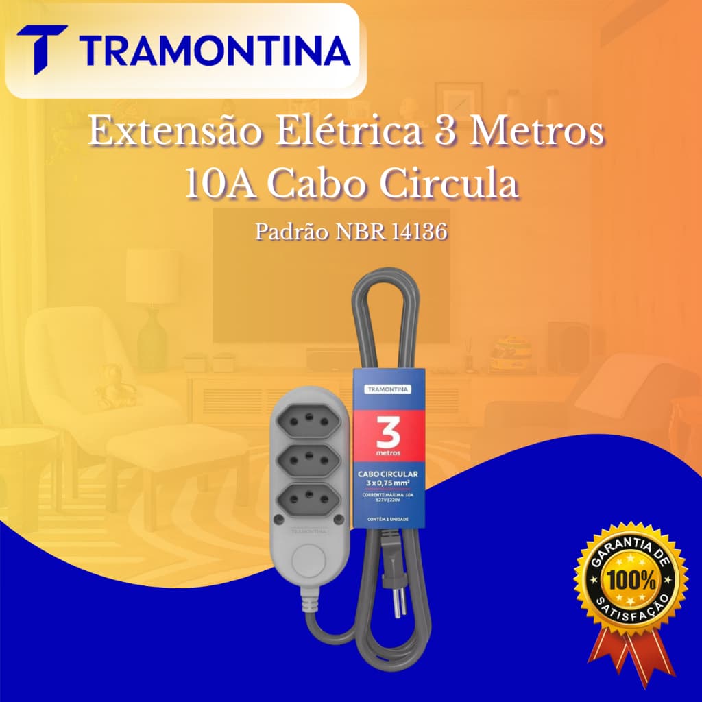 Extensão Elétrica 3 Metros Tramontina com 3 Tomadas de 3 Pinos (2P+T) 10A Cinza