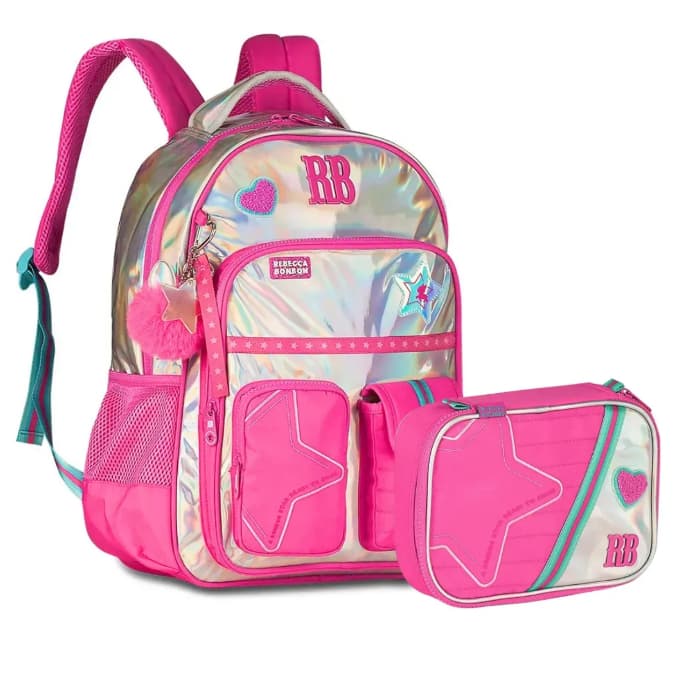 Kit Mochila Rebecca Bonbon Escolar + Estojo Box Holográfica Feminina Original Clio