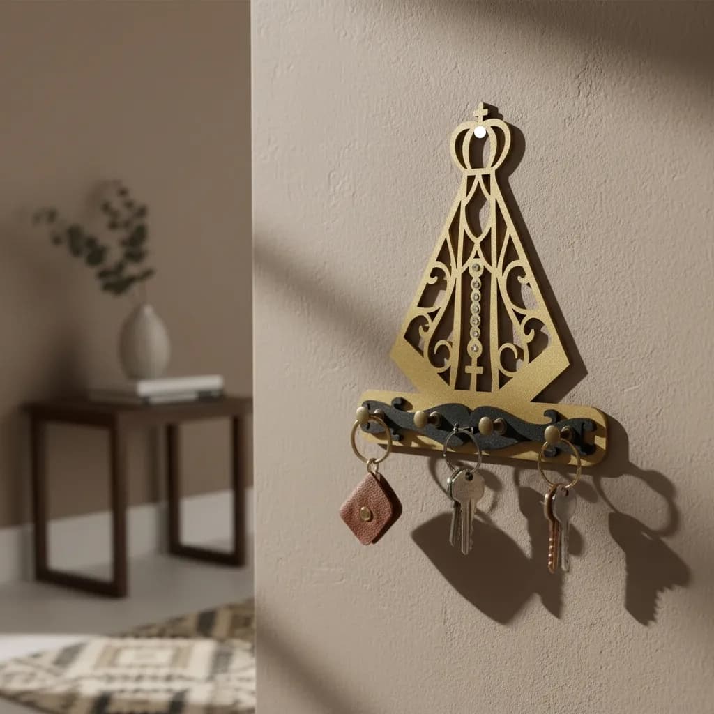 Porta Chaves de parede em MDF com Imagem de Nossa Senhora Aparecida de 19cm