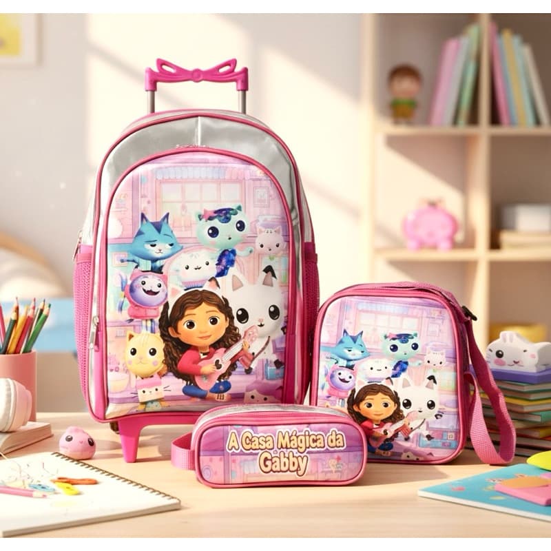 Mochila Casa Magica Gabby Rodinhas Lancheira Termica estojo Mochila Gaby
